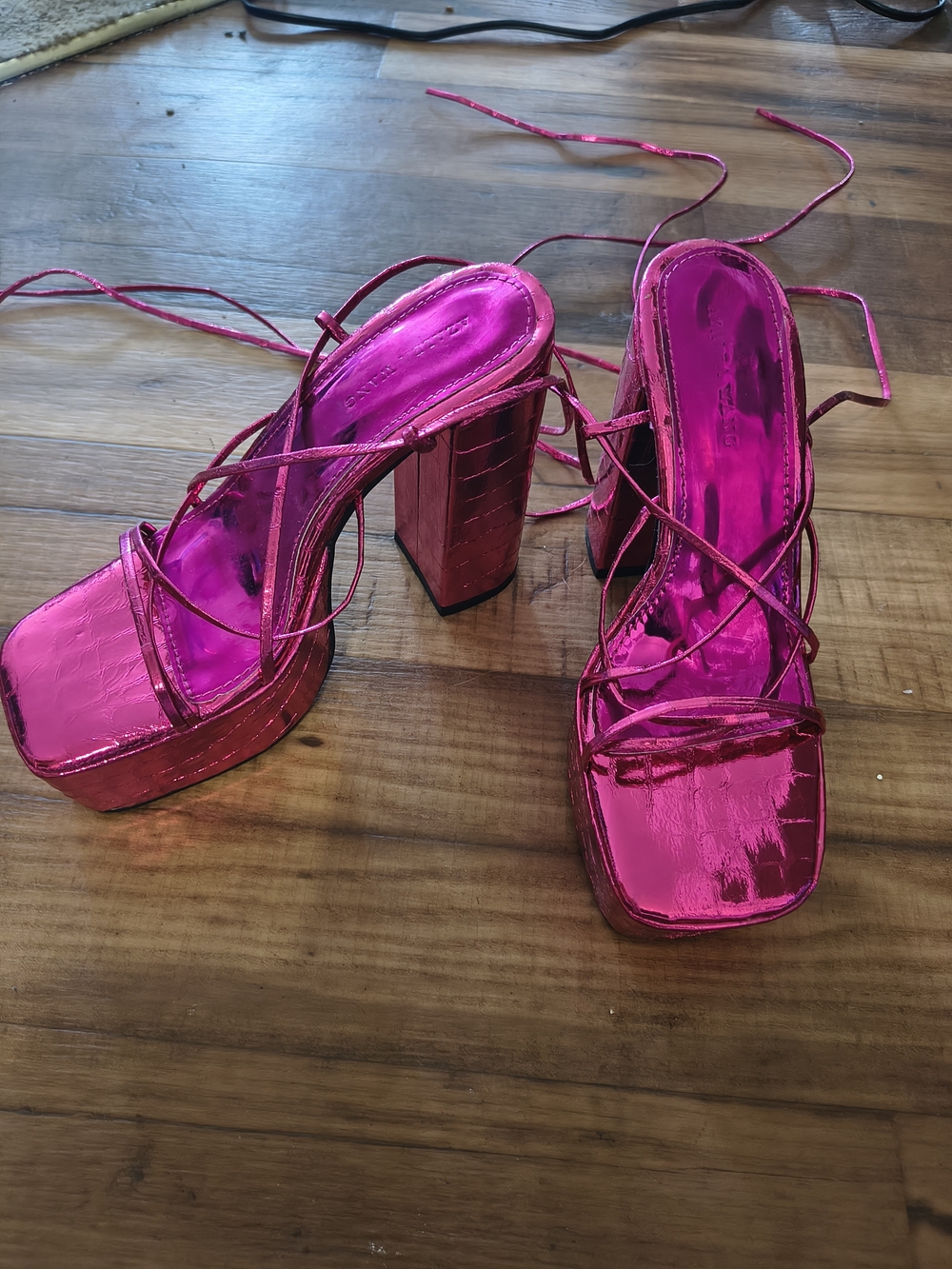 Metallic Hot Pink Platform Strappy Block Heel Sandals